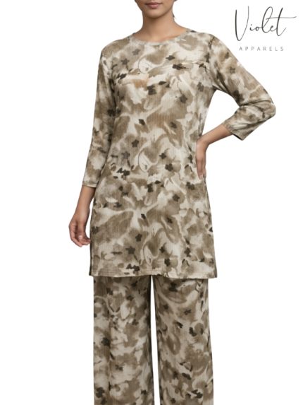 Printed Lounge Wear Set – Beige Floral Print