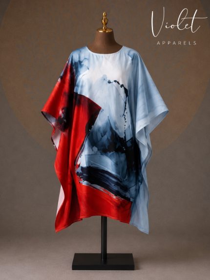 Red Blue Ink Wash Satin Kaftan Kurti